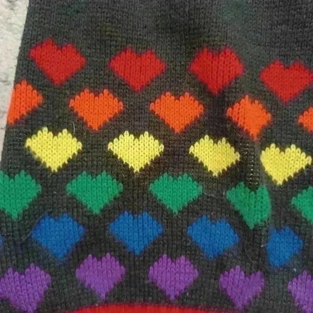 Cozy Knit Rainbow Heart Print Dog Sweater L